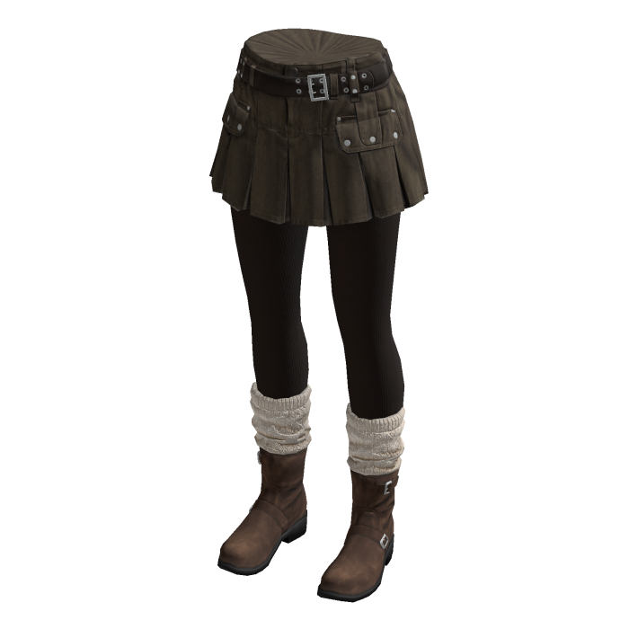 Belted Pleated Skirt with Boots (Brown)