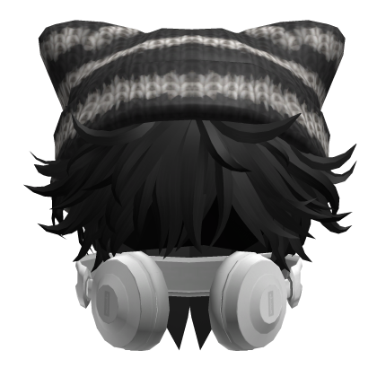 Messy Hair w/ Headphones & Y2K Cat Beanie in Black