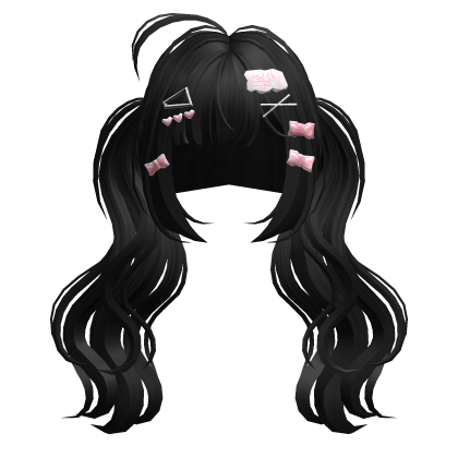 Black Cute Wavy Pigtails w/ Bow Clips Roblox item