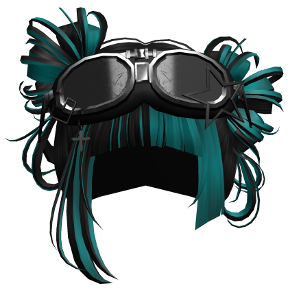 Fluffy Messy Buns With Y2k Goggles Black & Teal Roblox item