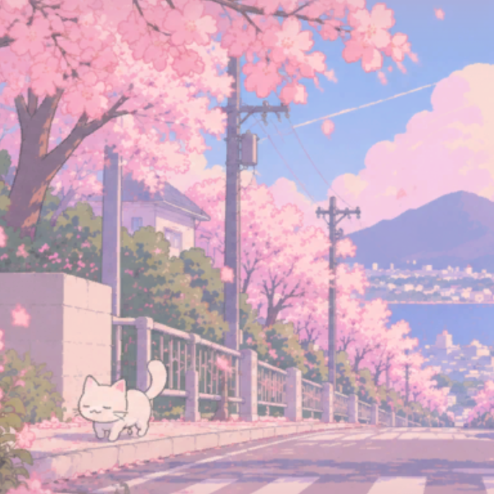 Japanese Sakura Cat Pink Anime Spring Background