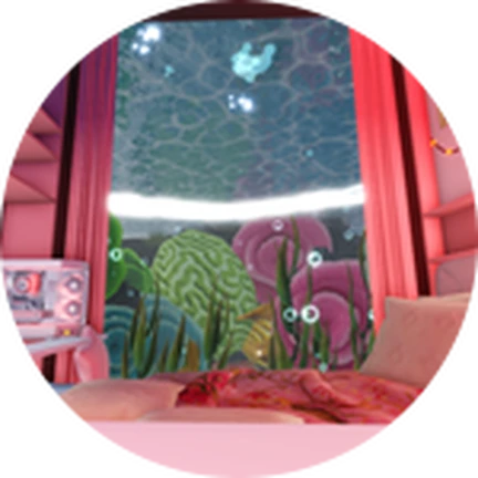 ไอคอน Game Pass ทางการ Private Aquarium Rooms: ห้องสีชมพูมีหน้าต่างหรือผนังตู้ปลาที่เห็นปลาการ์ตูนสีเขียวและม่วงหลายตัว