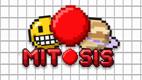 Official Mitosis promotional art: a red pixel-art cell between a grinning yellow ball and a ringed planet, above the MITOSIS logo.