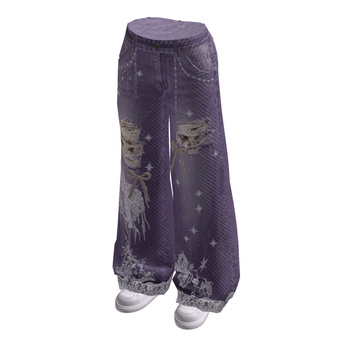 Ripped Wide-Leg Jeans with Hem Print (Purple)