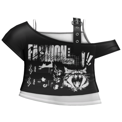 black & white emo grunge off shoulder cat shirt