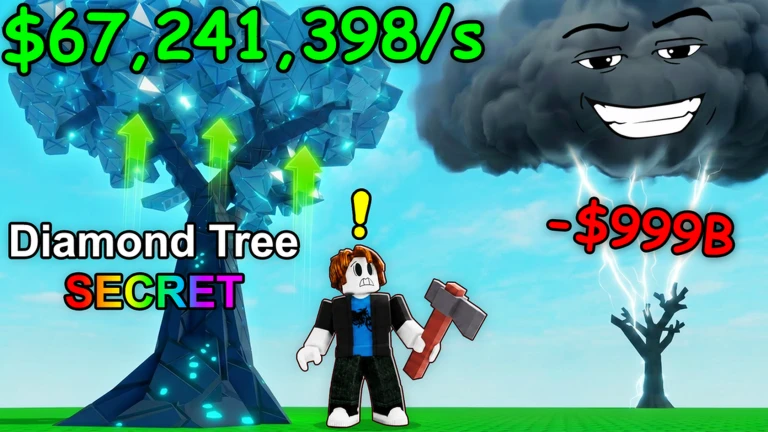 ภาพโปรโมตทางการ Greedy Growers: ต้นไม้ Diamond Tree สีฟ้าพร้อมข้อความ $67,241,398/s และ SECRET อยู่ข้างเมฆพายุ ต้นไม้สีดำ ข้อความ -$999B และตัวละครถือขวาน