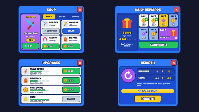 Simulator UI Kit Coins Rebirth Shop Buttons HUD preview 1