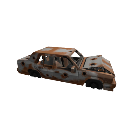 Destroyed car with bullet holes