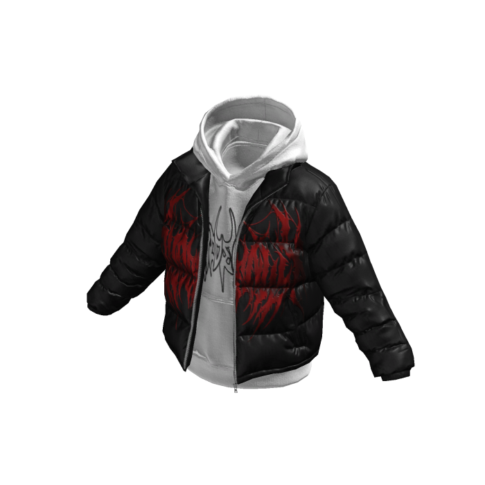 White Hoodie w/ Red Print Black Puffer Jacket