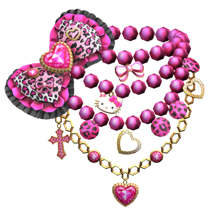 Kawaii Gyaru Leopard Bow Chain Pearl Necklace Pink