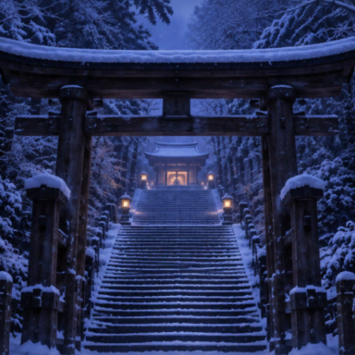 Snow Japanese Shrine Winter Night Torii Background
