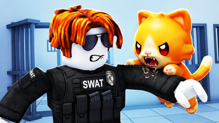 ภาพโปรโมตทางการ: แมวสีส้มเกาะแขนตัวละครชุด SWAT หน้าห้องขัง