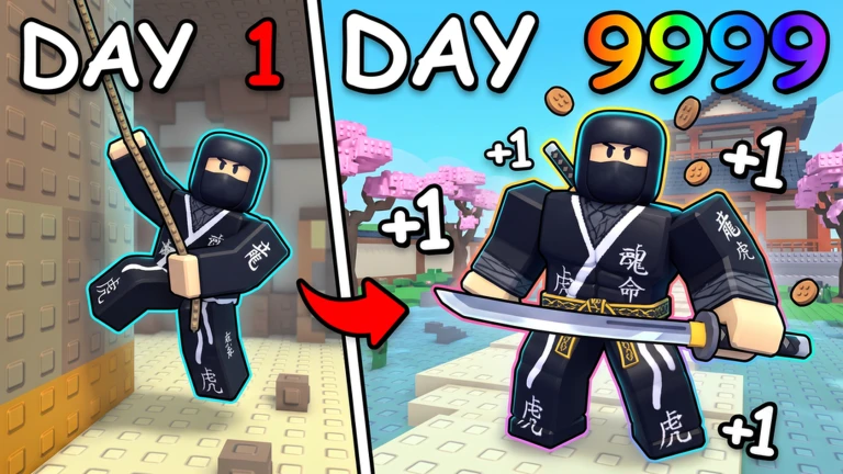 โปสเตอร์เปรียบเทียบนินจา DAY 1 กับ DAY 9999 พร้อมลูกศรและ +1