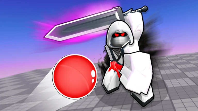 ภาพพรีวิวทางการ Blade Ball: ตัวละคร Roblox ชุดขาวดำตาแดงยกดาบสีเทาขนาดใหญ่เหนือศีรษะ โดยมีลูกบอลสีแดงอยู่ด้านหน้า