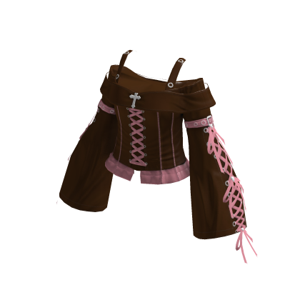 Y2K Goth Lace Up Top w/ Sleeves Brown&Pink thumbnail