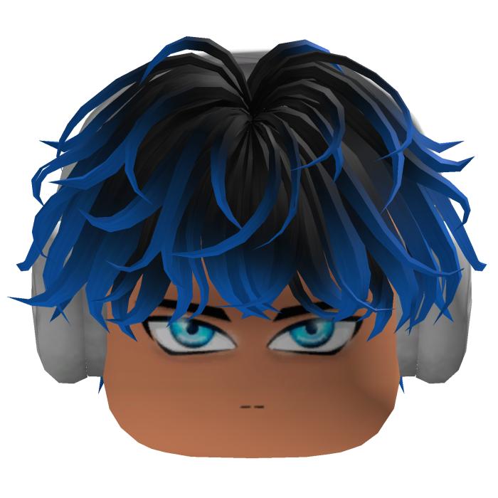 Blue hair, headphones, and a face with bright eyes