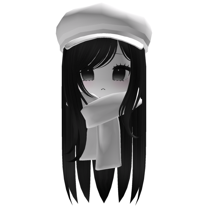 Cozy Cute Fall Girl Black Hair w/ White Cap Scarf