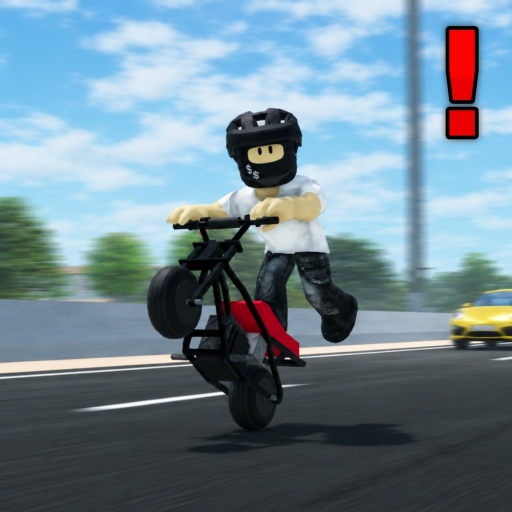 The Untitled Wheelie Game icon: a rider in a black helmet pops a wheelie on a mini bike with a red exclamation mark