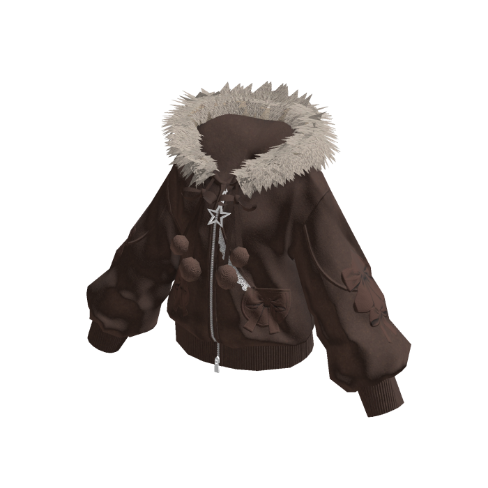 Hooded Jacket with Pom-Pom Ties (Brown)