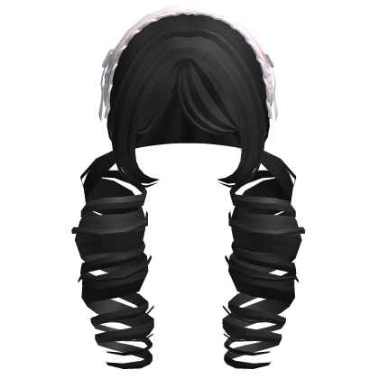 ꒰Cute Black Curly Pigtails w/ Pink Headband Roblox item