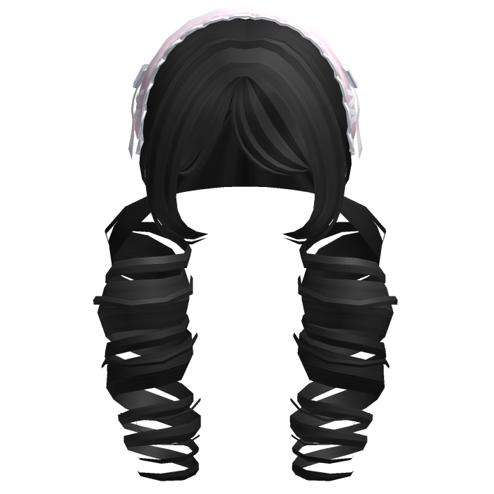 ꒰Cute Black Curly Pigtails w/ Pink Headband
