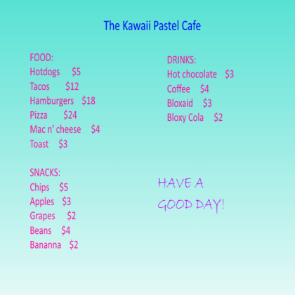 The Kawaii  Pastel Cafe Menu sign Roblox decal