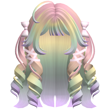 Cutecore Curly Hair w Kawaii Ribbons Light Rainbow