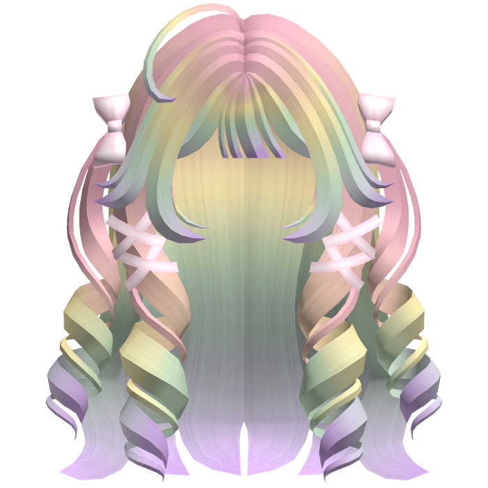 Cutecore Curly Hair w Kawaii Ribbons Light Rainbow