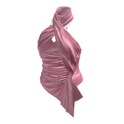 Satin Ruched Asymmetric Halter Top (Pink)