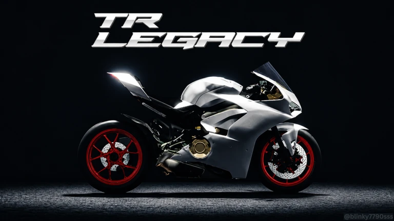 มอเตอร์ไซค์สีเงินล้อสีแดงบนพื้นหลังมืดพร้อมโลโก้ TR Legacy