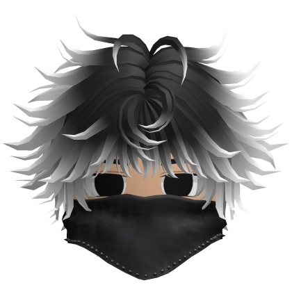 Fluffy Emo Boy Hair w Black Mask (Black/White)