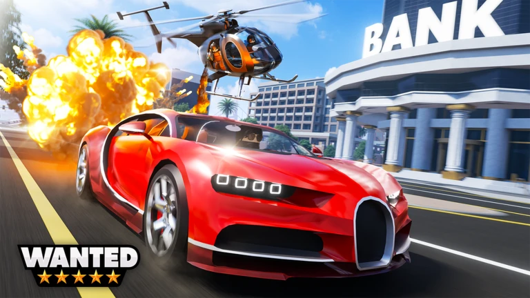 Wanted Roblox promotional artwork showing a red sports car escaping an explosion with a helicopter overhead