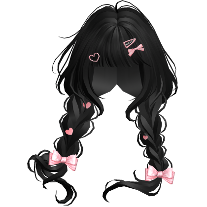 Black Cute Braided Pigtails w/ Ribbon Clips Roblox item