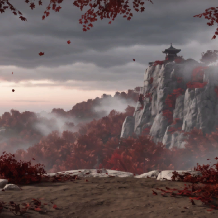 Dark Red Leaves Temple Foggy Japan Fog Mist Shrine