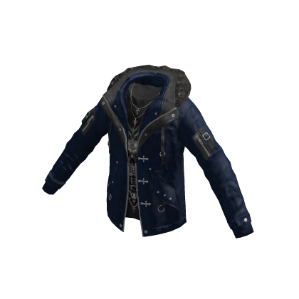 Gothic Jacket w/ Fur Hood & Cross Chain (Blue)