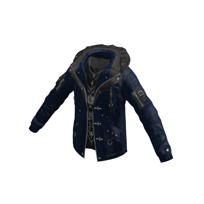 Gothic Jacket w/ Fur Hood & Cross Chain (Blue)