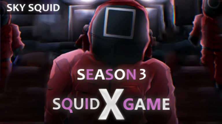 ภาพพรีวิวทางการ Squid Game X: ตัวละครสวมชุดสีชมพูและหน้ากากสี่เหลี่ยมยืนกลางภาพในห้องมืด โดยมีตัวละครชุดเดียวกันอยู่รอบด้าน พร้อมข้อความ SKY SQUID และ SEASON 3 SQUID X GAME