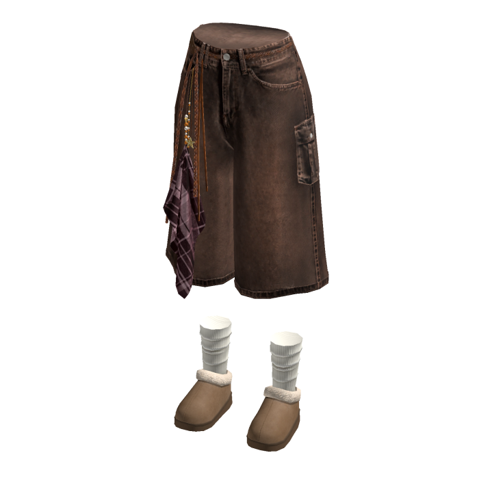 Baggy Cargo Shorts with Side Scarf (Brown)