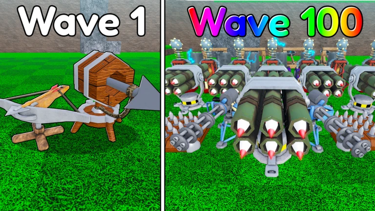 ภาพพรีวิวทางการ Build a base RNG แบบแบ่งสองฝั่ง ฝั่งซ้ายมีข้อความ Wave 1 กับวัตถุไม้สองชิ้น ฝั่งขวามีข้อความ Wave 100 กับวัตถุป้องกันจำนวนมาก