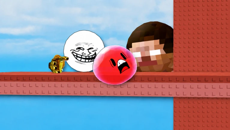 ภาพโปรโมตทางการ Squishy Ball Tower แสดงลูกบอลสีแดงบนทางแคบข้างใบหน้า troll และมือสีทอง