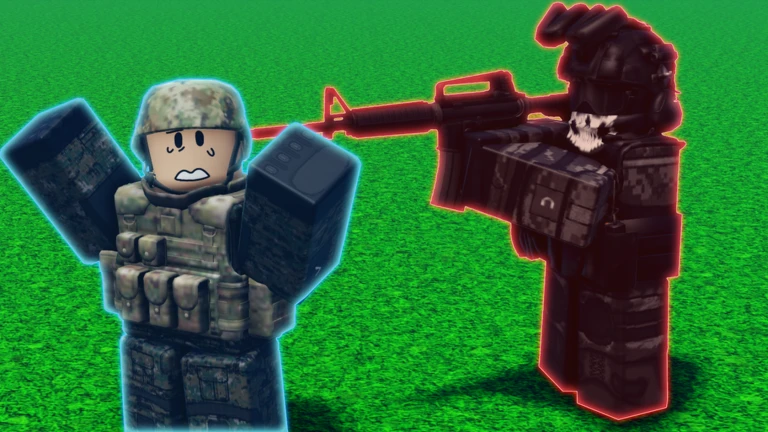 ภาพทางการทหาร Roblox สองคนบนพื้นสีเขียว หนึ่งคนถือปืน