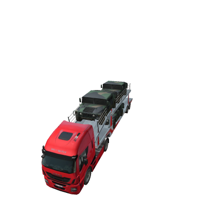 Semi truck carrying military cars