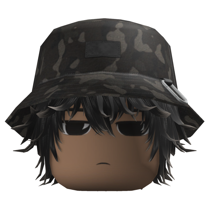 Messy Anime Hair w/ Camo Bucket Hat (Black)