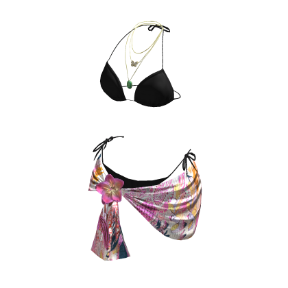 y2k Flower Bikini Wrap w Necklace (Black Floral) thumbnail