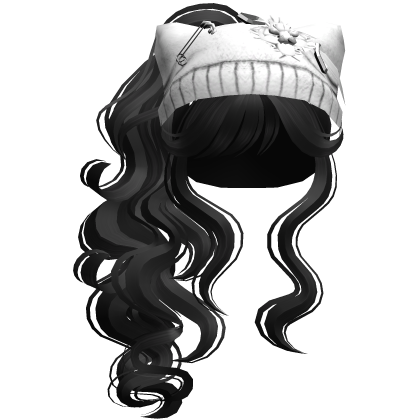 White Cat Beanie Y2K Curly Ponytail Hair Black Roblox item