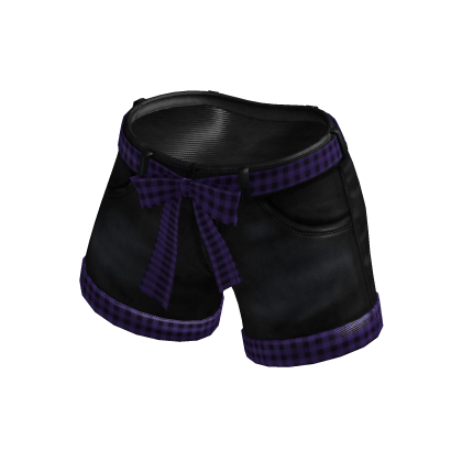 ✨Bow Belt Folded Black  Shorts / Purple Gingham