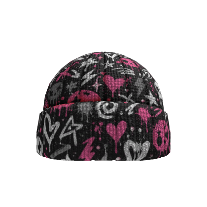 Black Pink White Skull Doodle Knit Beanie