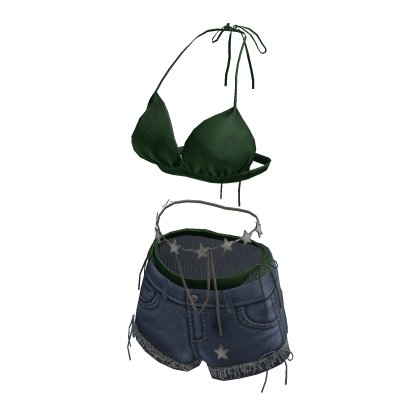 Star Belt Denim Shorts Outfit (Green) thumbnail