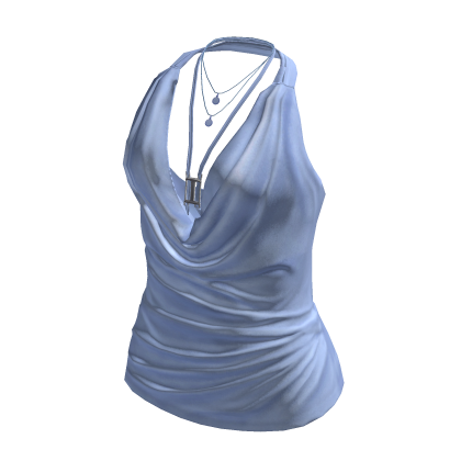 Ruched Cowl Neck Halter Top (Blue)