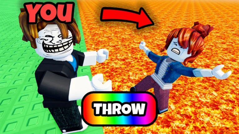 ภาพพรีวิวทางการ TROLL Hug Tower: ตัวละคร Roblox ผมสีน้ำตาลมีใบหน้าแบบ troll ยืนบนพื้นสีเขียว ขณะที่ตัวละครผมสีแดงลอยเอนอยู่เหนือพื้นที่ลาวาสีส้ม พร้อมข้อความ YOU ลูกศรสีแดง และปุ่ม THROW สีรุ้ง